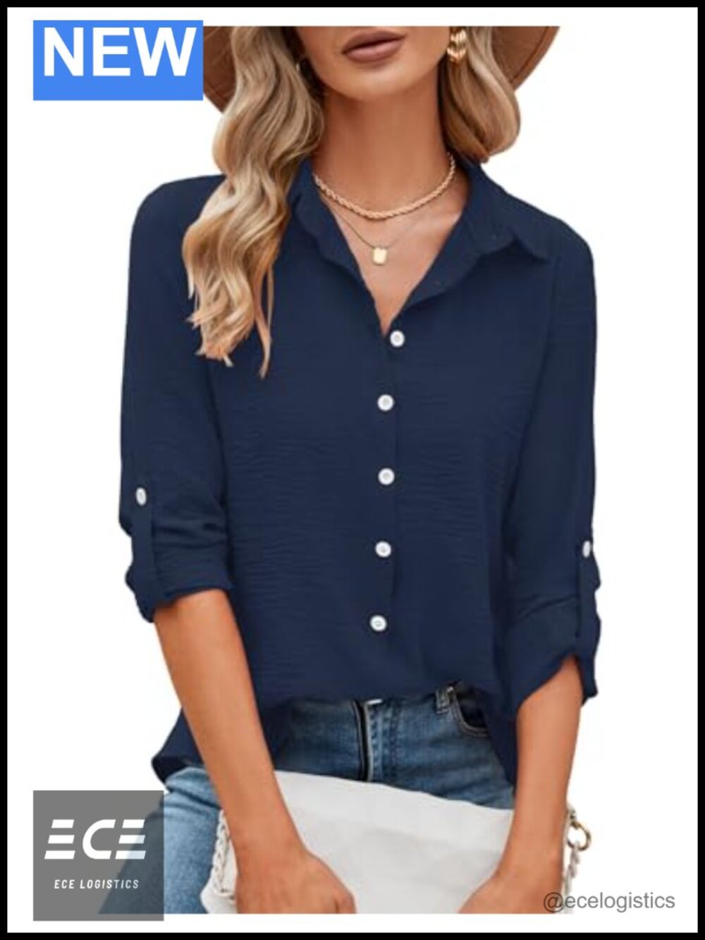 Womens Button Down Shirt Loose Fit V-Neck Roll Tab Sleeve Business Casual Blouse